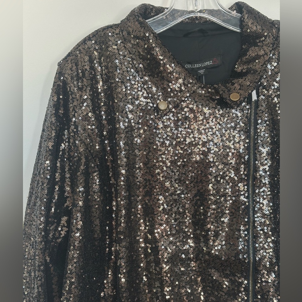NWT Colleen Lopez Espresso Sequin Moto Jacket Sparkly Biker Blazer Size 3X - Picture 4 of 5